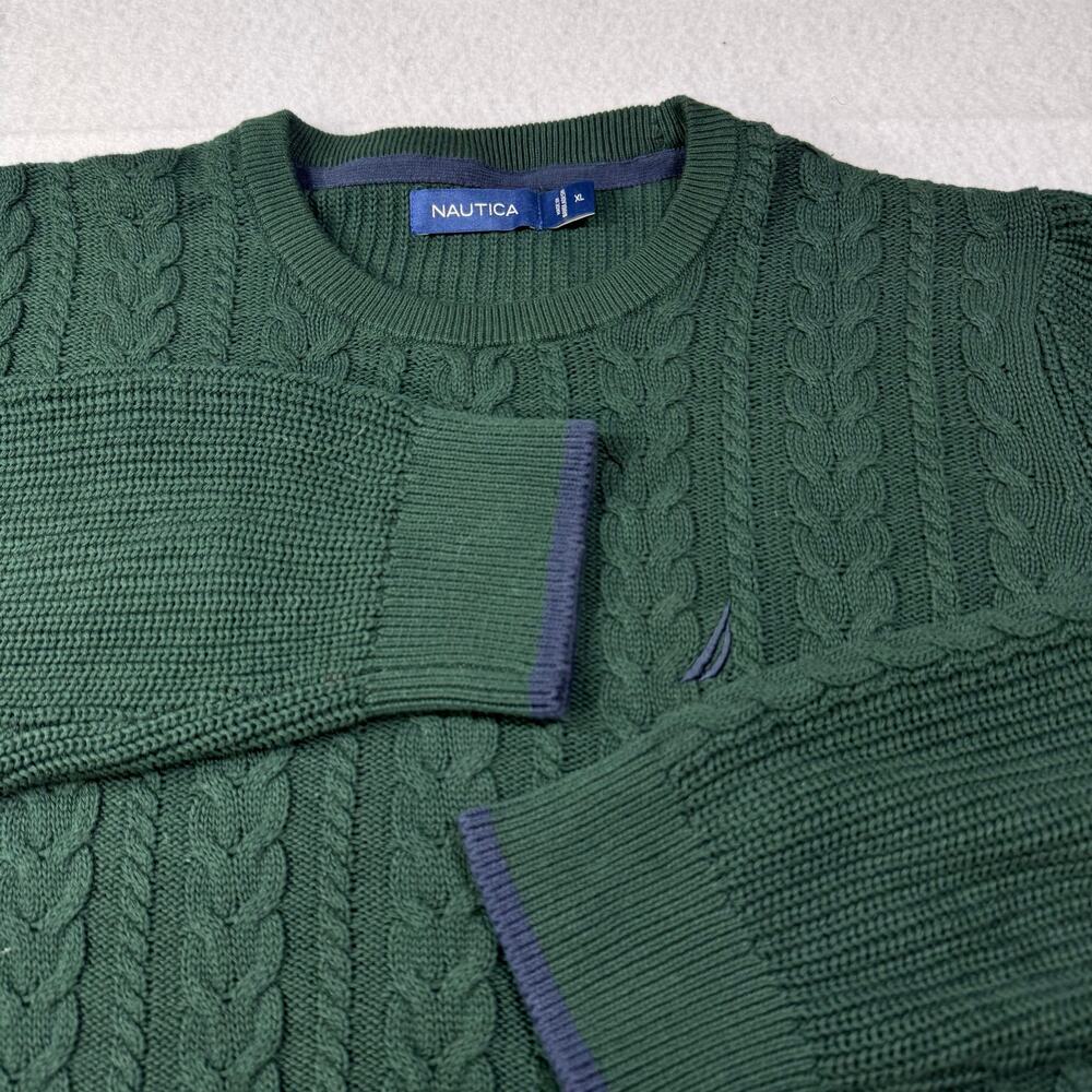 Nautica Chunky Cable Knit Patterned Green Sweater XL Jumper Festive Holiday